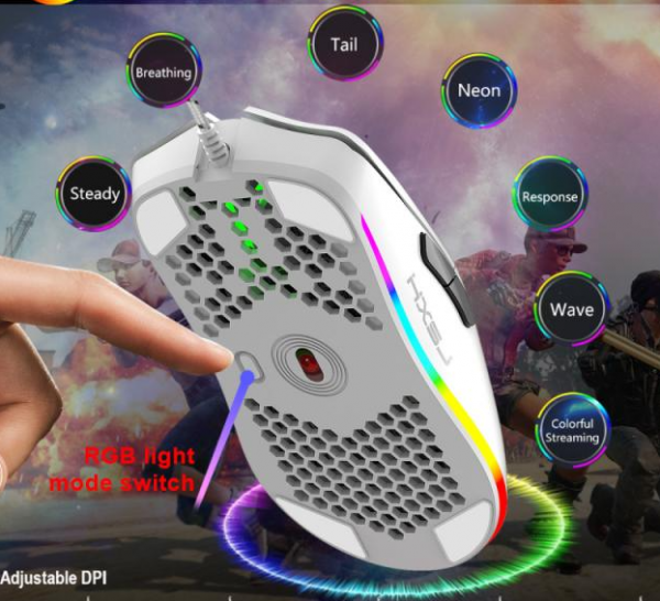 HXSJ J900 USB Wired Gaming Mouse With RGB Light Gamer Mouses With Six Adjustable DPI Honeycomb Hollow Ergonomic Design Mouse